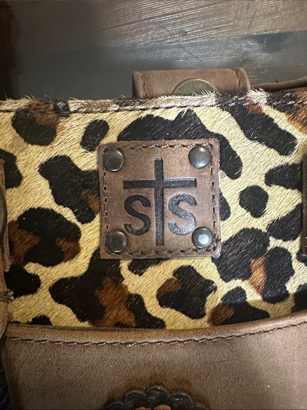 STS Brown Leather Satchel with Leopard Accent - Picture 2 of 7